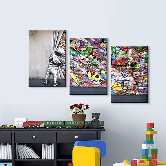 Mistyefly 3 Pieces Banksy Wall Art Behind The Curtain Canvas Prints Graffiti Wall Art Pop Art Street Art Colorful Paintings Banksy Artwork for Bedroom (12''Wx16''Hx3PCS)