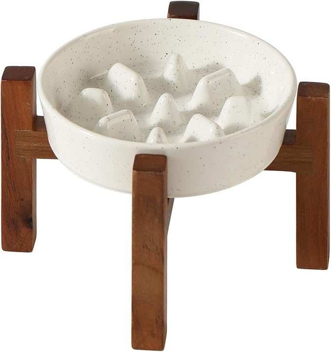 Ceramic 6.1inch Raised Slow Feeder Dog Bowl Set, Elevated Acacia Wood Stand for Small Dogs and Cats, Slow Pet Dish for Fast Eaters, Helps Stop Bloat(1 Bowl & Stand, Vanilla White)