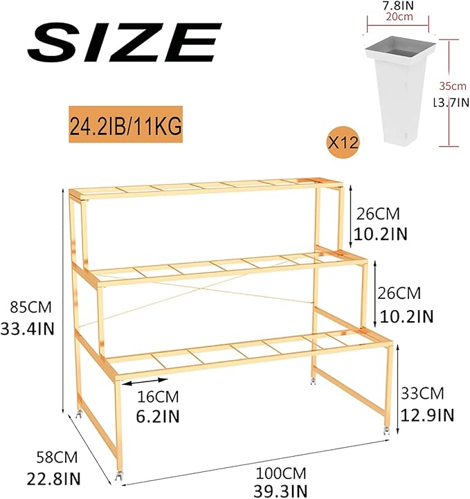 Flower Display Stand With 12PCS Buckets, 3 Layers Metal Plant Stand with Wheels, Heavy Duty Moving Plant Cart Shelf, for Indoor, Outdoor Patio Garden, Living Room, Florist (White - Square Bucket)