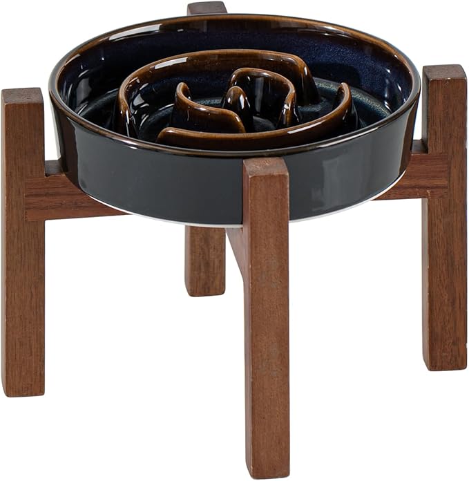 Ceramic 7.3inch Raised Slow Feeder Dog Bowl Set, Elevated Acacia Wood Stand for Medium and Small Dog, Slow Dish, Stop Bloat(Single Bowl+ Stand, Starry Sky)