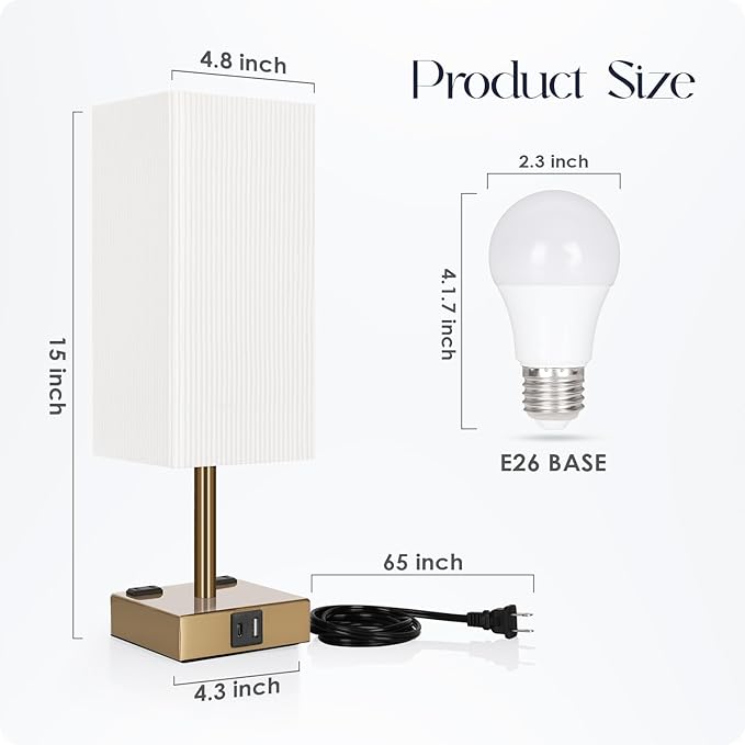 Soilsiu Set of 2 Bedside Table Lamp 3 Way Dimmable Nightstand Lamp with USB C & USB A Charging Port, 2 AC Outlets, 3000K LED Bulbs (Pleate)