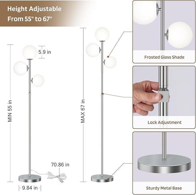67" Mid Century Floor Lamps for Living Room, 3 Globe Floor Lamp with Frosted Glass Shades, Adjustable Height Standing Lamp with Foot Switch, Tall Lamps for Bedroom Office, G9 Bulbs Included, Silver