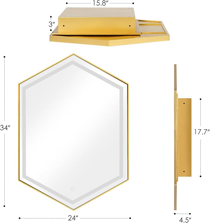 SogesHome Mirror Medicine Cabinet with 3-Color LED Lights, Hexagon Vanity Mirror Storage with 3-Tier Cabinet, Stainless Steel Frame and 2 Shelves for Bathroom, Bedroom, Entryway, Gold
