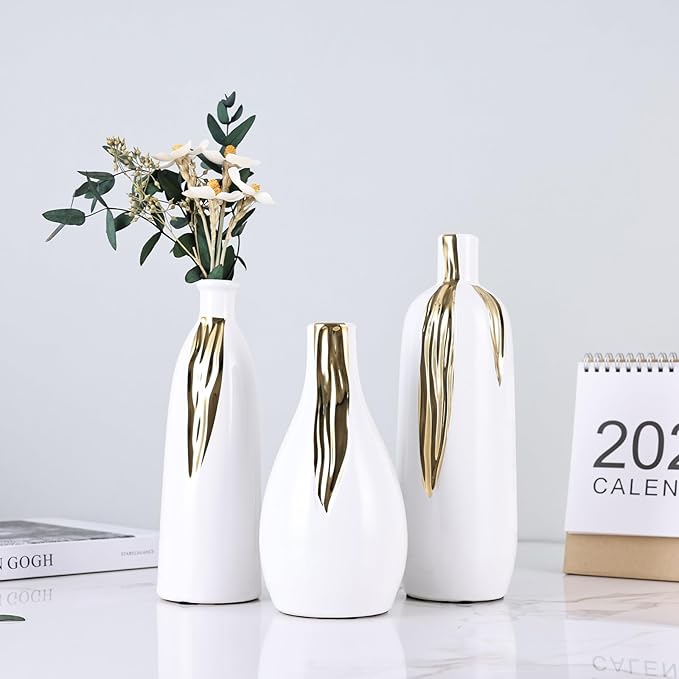White and Gold Ceramic Vase Set of 3, Ceramic Vase Set for Decorative, White and Gold Single Stem Vases for Centerpieces Nightstand Kitchen, Boho Farmhouse Home Decoration
