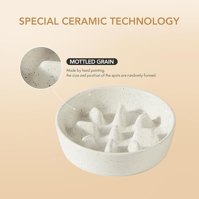 Ceramic 7.3inch Dog Bowl Slow Feeder for Fast Eaters, Slow Pet Food Dish for Small and Medium Dog, Stop Bloat, Preventing Choking(Single Bowl, Vanilla White)