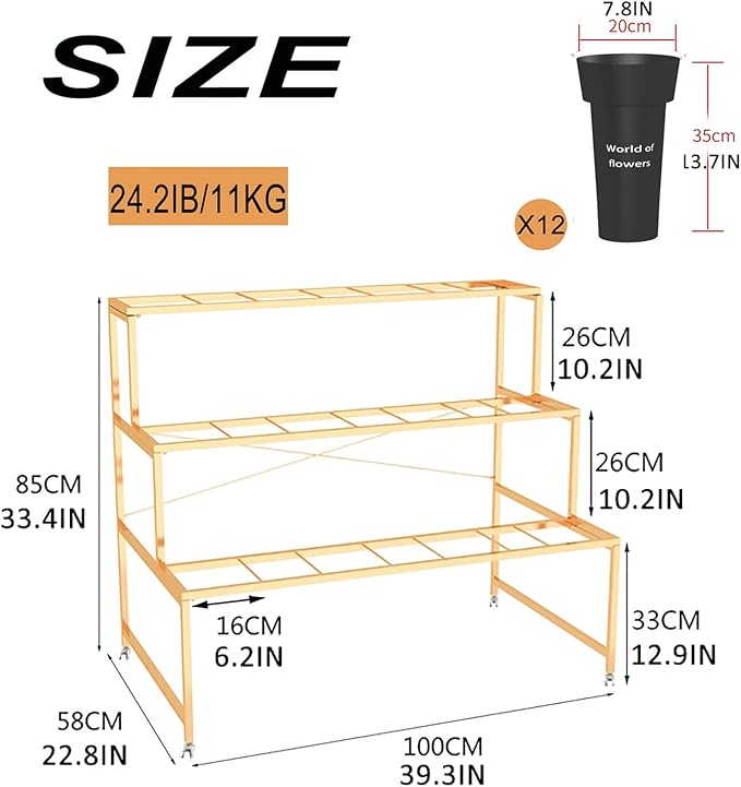 Flower Display Stand With 12PCS Buckets, 3 Layers Metal Plant Stand with Wheels, Heavy Duty Moving Plant Cart Shelf, for Indoor, Outdoor Patio Garden, Living Room, Florist (Black - Round Bucket)