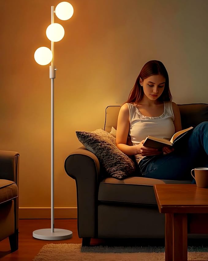 White Globe Floor Lamp Dimmable 64IN Tall Standing Lamps with Soft Warm White Eye Care 3000K G9 Bulbs, Mid Century Modern Floor Lamp for Living Room Bedroom
