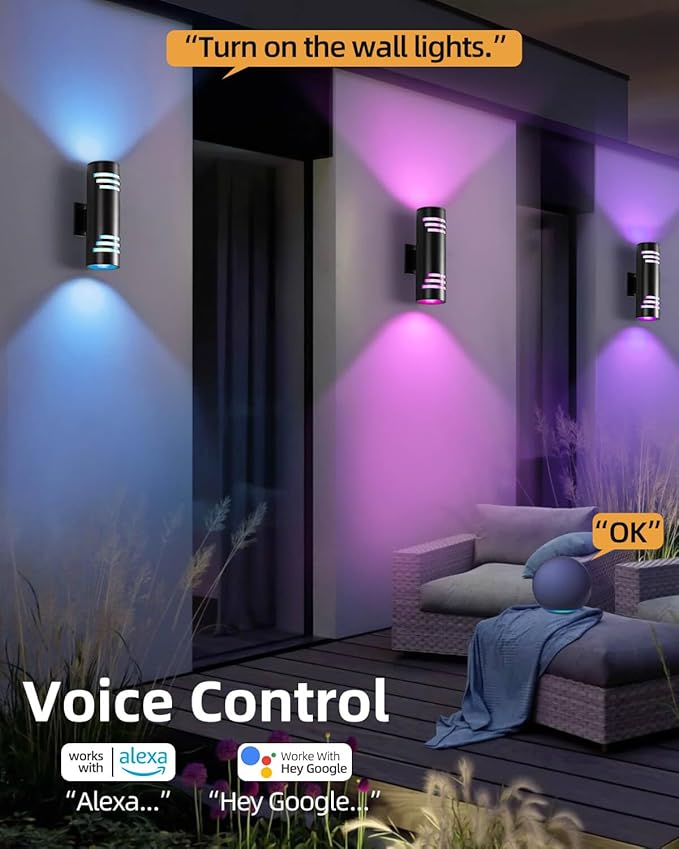 KIZON Smart Outdoor Wall Lights 2 Pack, RGBCW Dusk to Dawn Outdoor Lighting Waterproof Exterior Light Fixture, Color Changing Porch Lights Up and Down Lights Home Theater Lighting