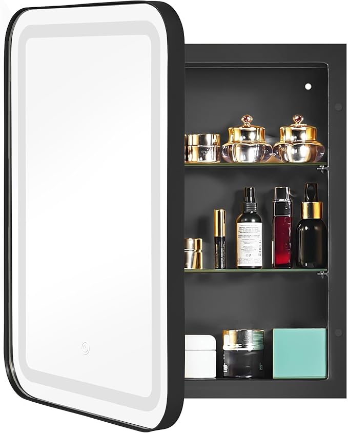 SogesHome Wall Mounted Mirror Medicine Cabinet 24"X16" with LED Lights, Rectangular Vanity Mirror Storage with Shelves, Modern Recessed Mirror Medicine Cabinet for Bathroom, Bedroom, Black