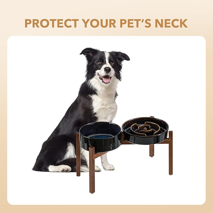 Ceramic Raised Slow Feeder Dog Bowl Set, Elevated 7.3inch Bowl and 8.2inch Dish with Acacia Wood Stand for Medium and Large Dog(2X Starry Sky+ Stand)