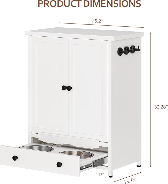 Dog Feeding Station with Storage, Metal Dog Food Storage Cabinet with 2 Elevated Bowls and 3 Hooks, Pet Feeding Station and Dogs Food Storage Organizer, White