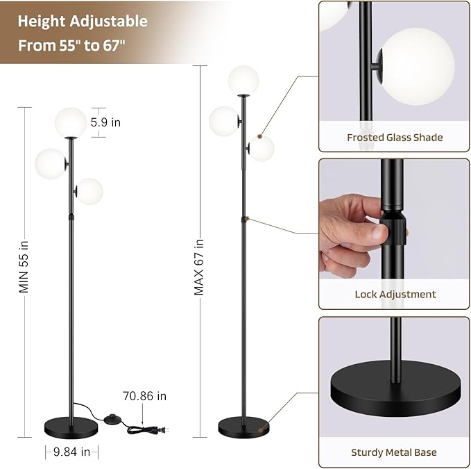 67" Mid Century Floor Lamps for Living Room, 3 Globe Floor Lamp with Frosted Glass Shades, Adjustable Height Standing Lamp with Foot Switch, Tall Lamps for Bedroom Office, G9 Bulbs Included, Black