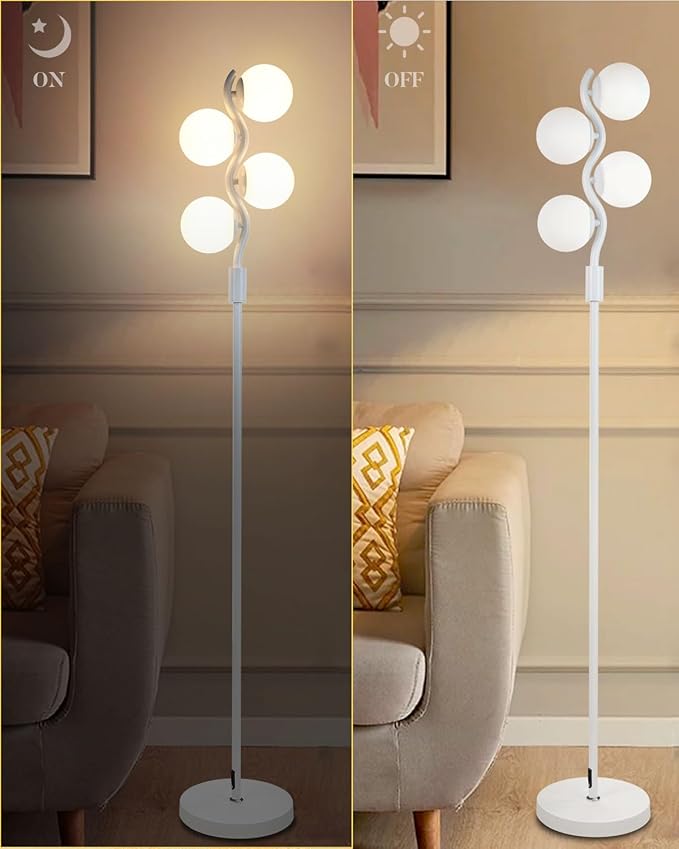 White Globe Floor Lamp Dimmable Tall Standing Lamps with Soft Warm White 3000K Bulbs, Mid Century Modern Floor Lamp for Living Room Bedroom Home Decor