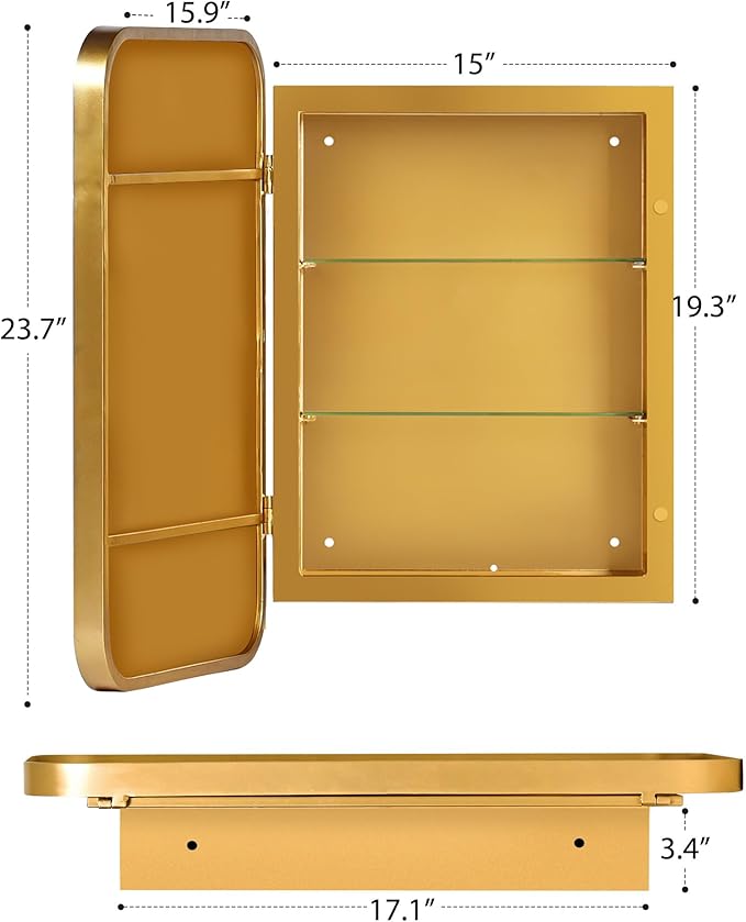 SogesHome Bathroom Medicine Cabinet with Mirror, 16x24 Gold Medicine Cabinet, Stainless Steel Frame and 2 Shelves, Wall Mounted Vanity Mirror with Storage for Bathroom