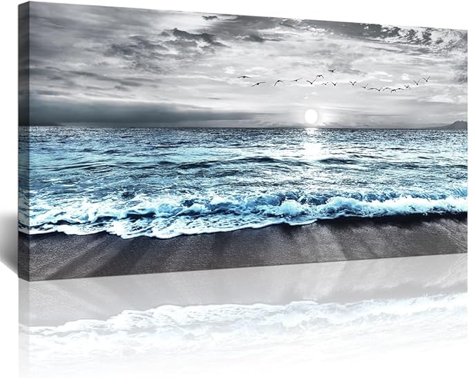 Lapremoly Large Canvas Wall Art - Black And White Beach Wall Painting Blue Ocean Sea Wave Landscape Artwork Posters For Living Room, Bedroom, Office Decor