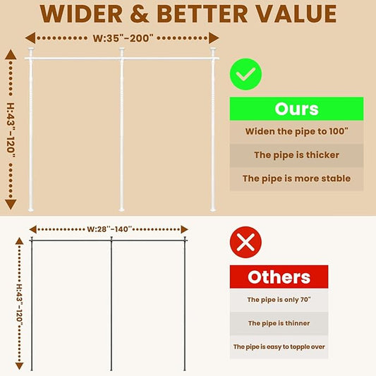 White Room Dividers Tension Curtain Rod, No Drilling Adjustable 72-200" W x 43-120" H Pole,Divider for Room Separation
