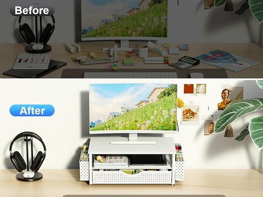 Desk Organizer and Accessories, Computer Monitor Stand Riser with Drawer and 2 Pen Holders, Office Desk Accessories & Workspace Organizers for Office Supplies (White)