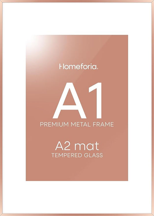 Homeforia A1 Poster Frame Rose Gold, High End Metal A1 Large Picture Frames with Mat A2 Photo, 23.4 x 33.1 Frames Matted to 16.5 x 23.4 Print, 23.4x33.1 Thin Frames, Tempered Glass, Wall Kit, Set of 1