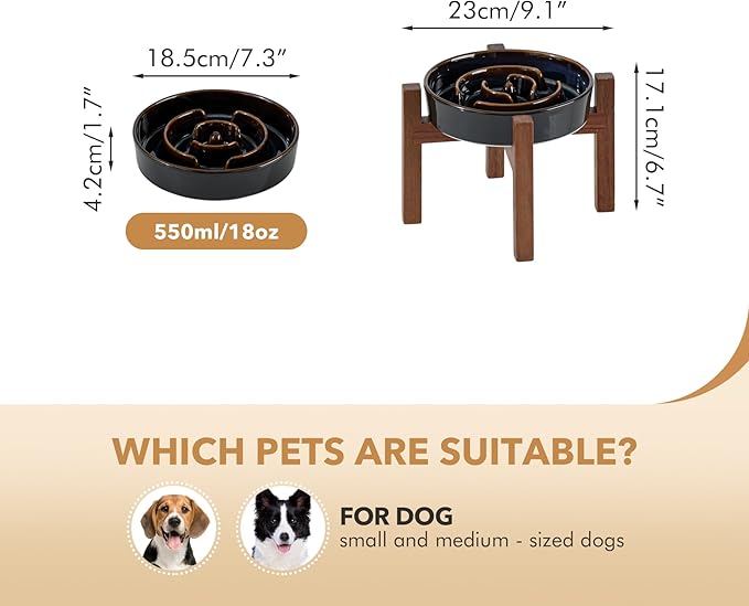 Ceramic 7.3inch Raised Slow Feeder Dog Bowl Set, Elevated Acacia Wood Stand for Medium and Small Dog, Slow Dish, Stop Bloat(Single Bowl+ Stand, Starry Sky)