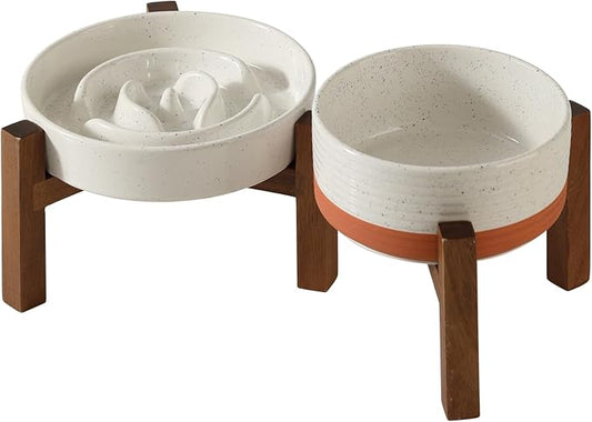 Ceramic Raised Slow Feeder Dog Bowl Set, Elevated 6.1inch Bowl and 7.3inch Dish with Acacia Wood Stand for Small and Medium Dogs(2 x Vanilla White+ Stand)