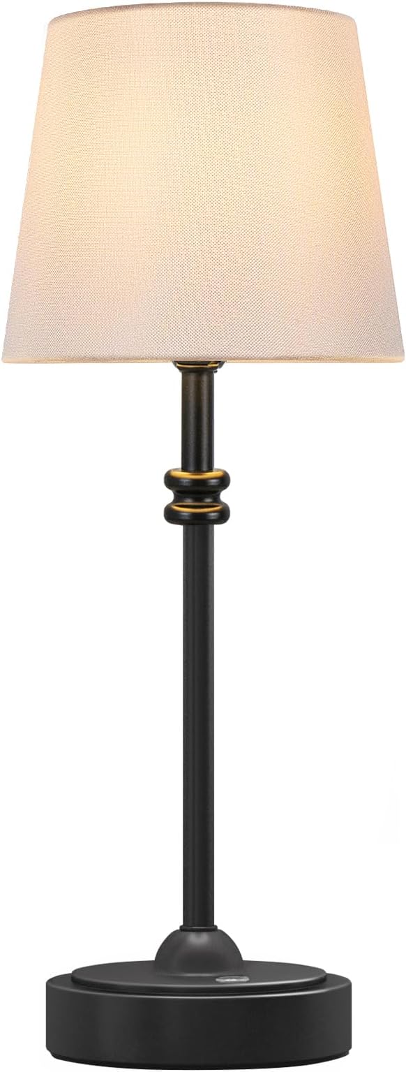 ONEWISH Cordless Lamp-Battery Operated Table lamp, 4000mAh Rechargeable, Stepless Dimmable, Small Touch Bedside Lamp with White LampsShade, 2700K Warm Ambient Light for Dining, Patio, Bathroom(Black)
