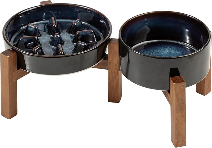 Ceramic Raised Slow Feeder Dog Bowl Set, Elevated 6.1inch Bowl and 7.3inch Slow Feeder Dish with Acacia Wood Stand for Small and Medium Dog, Stop Bloat(2X Starry Sky+ Stand)