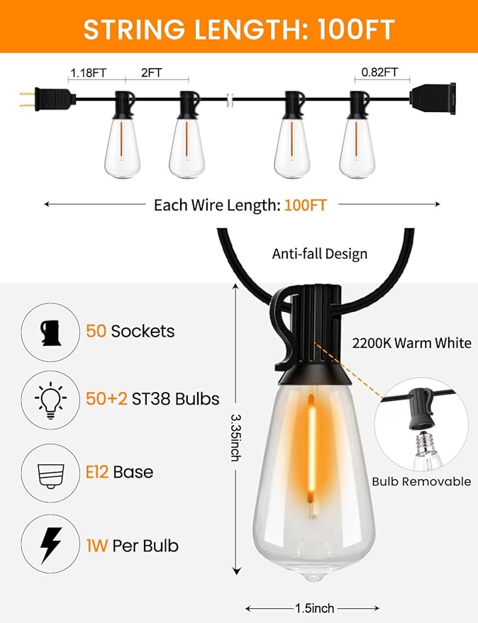100FT Outdoor String Lights with Remote Patio Lights for Outside 52 Shatterproof Waterproof ST38 Edison Bulbs, Dimmable String Lights for Backyard Porch Bistro Party Decor, Warm White 2200k