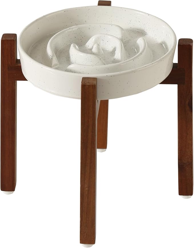 Ceramic 8.2inch Raised Slow Feeder Dog Bowl Set, Elevated Acacia Wood Stand for Medium and Large Dogs, Slow Pet Dish, Stop Bloat(Single Bowl+ Stand, Vanilla White)