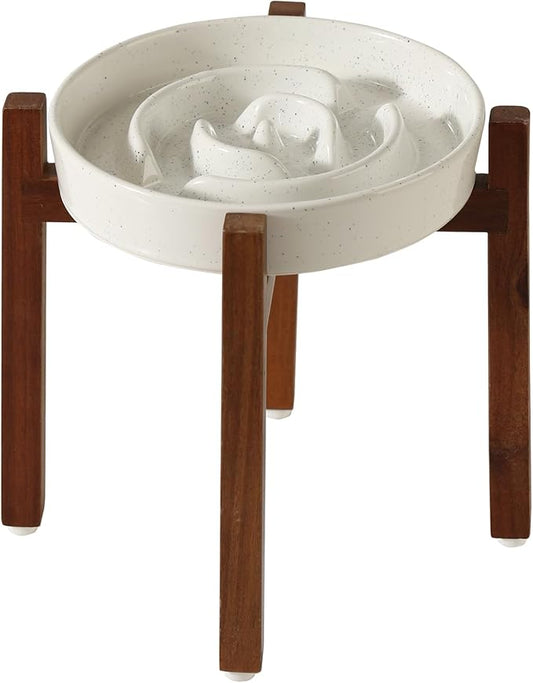 Ceramic 8.2inch Raised Slow Feeder Dog Bowl Set, Elevated Acacia Wood Stand for Medium and Large Dogs, Slow Pet Dish, Stop Bloat(Single Bowl+ Stand, Vanilla White)