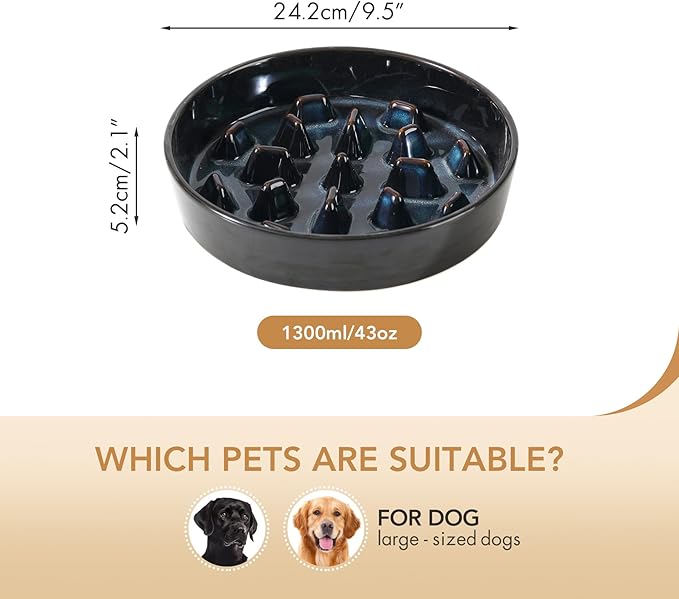 Ceramic 9.5 inch Dog Bowl Slow Feeder, Slow Pet Food Dish for Large Dog, Stop Bloat, Preventing Choking(Single Bowl, Starry Sky)
