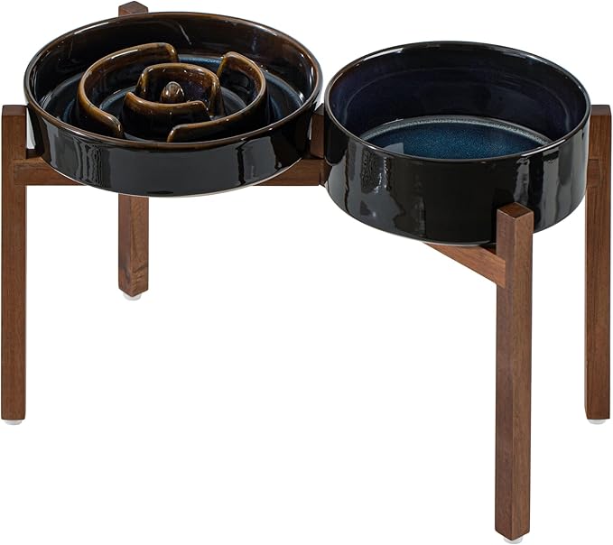 Ceramic Raised Slow Feeder Dog Bowl Set, Elevated 8.2inch Bowl and 9.5inch Dish with Acacia Wood Stand for Large Dog, Stop Bloat(2X Starry Sky+ Stand)