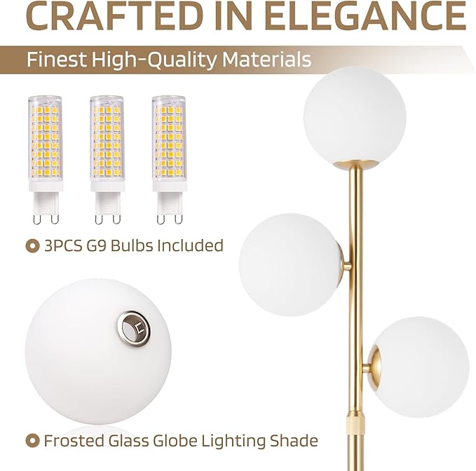 3-Globe Mid Century Modern Floor Lamps for Living Room, Adjustable Height Standing Lamp with Marble Base, Gold Tall Lamp with Frosted Glass Shades, Pole Lamps for Bedroom, Bulbs Included