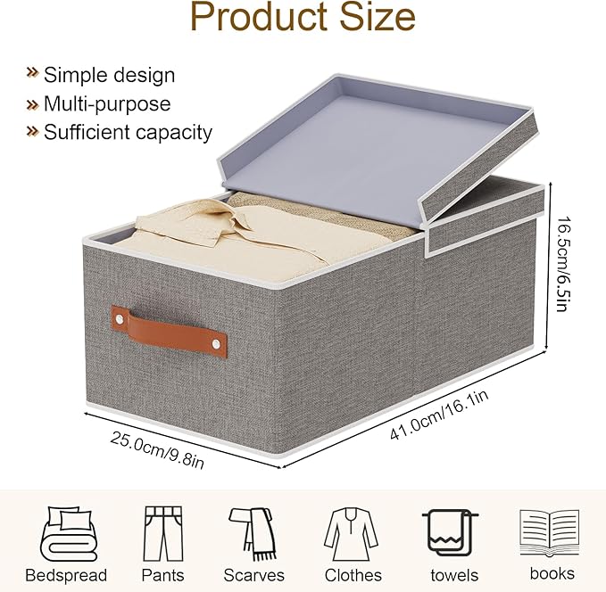 1-Pack Storage Box, Foldable Blanket Basket with Detachable Lid, Linen Closet 0rganizers with Double Handles, Collapsible Cubes for Organizing, Grey, 16.1 x 9.8 x 6.5 inch