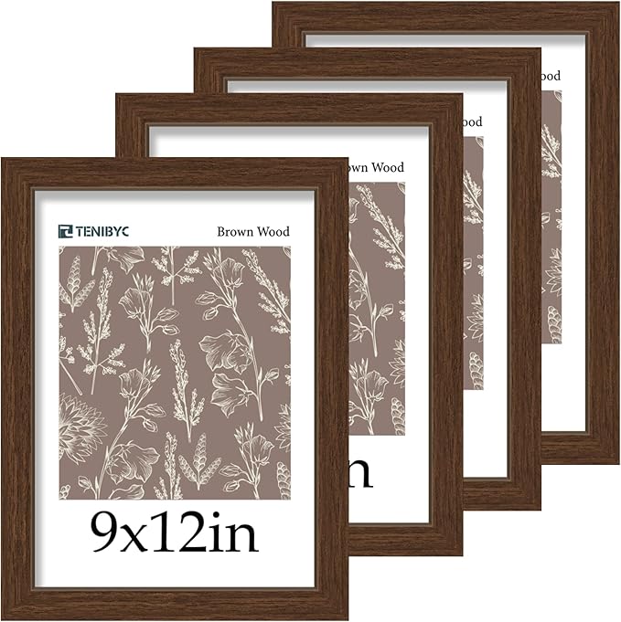 9x12 Picture Frame 4 Pack - Brown Woodgrain, HD Tempered Glass, 9 x 12 Photo Frame, Table or Wall Display, Holiday Decoration