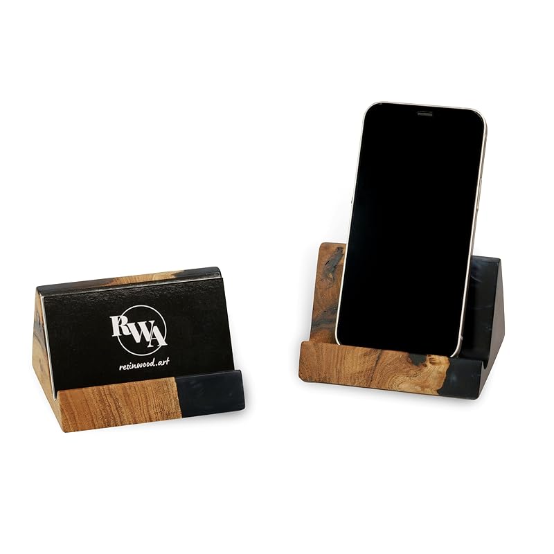 RWA Unique Business Card Holder for Men & Women - Stylish Durable Business Card Display Stand - Premium Desktop Business Card Holders Epoxy Wood Desk Organizer - Office Desk Accessories, BASIC, black