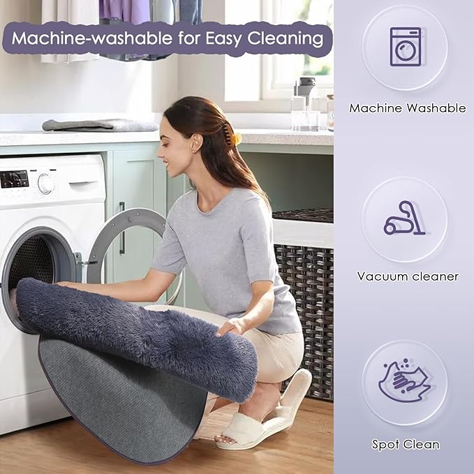 Purple Gray Round Rugs 5Ft for Bedroom Decor Aesthetic, Fluffy Fuzzy Circle Area Rug for Teen Boys, Baby Kids Playroom, Shaggy Fur Carpet for Living Room, Home Office, Nursery, Preppy Dorm, Classroom