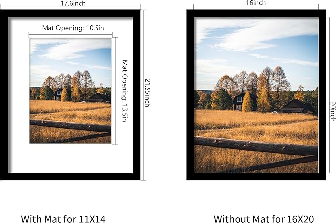 16x20 Picture Frame 5 Pack, Black Poster Frame, Display Pictures 11 x 14 with Mat or 16 x 20 Without Mat for Horizontal or Vertical Wall Mounting, Wall Gallery Frame for Artwork Certificate