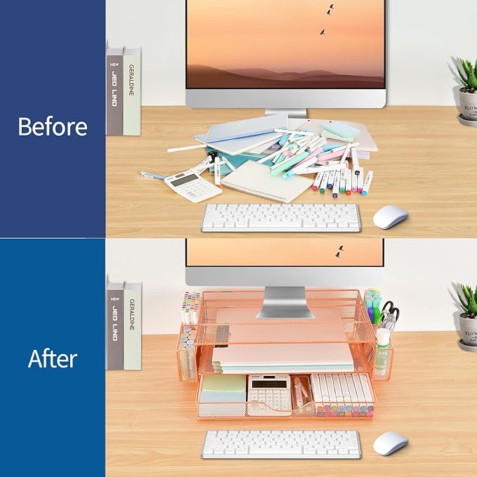 AUPSEN Computer Monitor Stands Riser，2-Tier Desk Organizers and Accessories, Office Desk Accessories Organizer with Drawers and 2 Pen Holder for Office Supplies (Rose Gold)