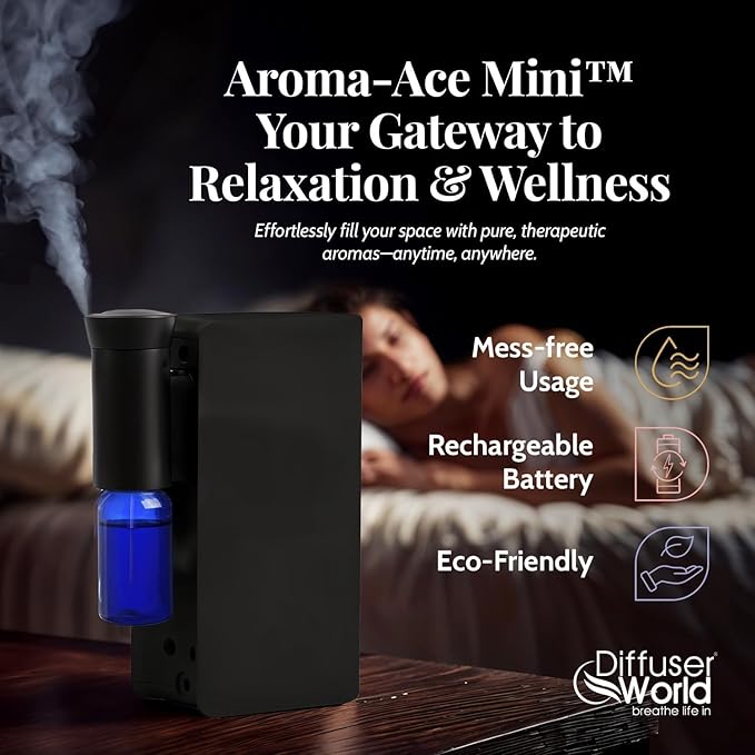 Aroma-Ace Mini Essential Oil Diffuser for Home Scent Diffusers - Portable Waterless Aromatherapy Diffusers with Rechargeable Battery, Nebulizing Atomizer Air Diffuser for Home - Black