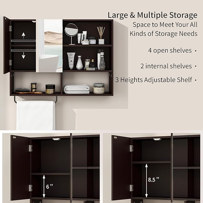 Wooden Bathroom Organizers, Over The Toilet Storage Cabinet with 2 Doors, Adjustable Shelves & Towel Bar, Wall Mounted Medicine Cabinet for Laundry with Mirror, Espresso