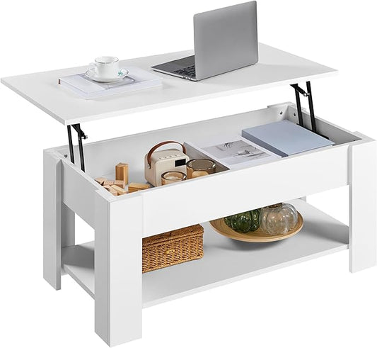 Yaheetech Lift Top Coffee Table w/Hidden Storage Compartment and Storage Shelf - Lift Tabletop for Living Room Reception Room, White