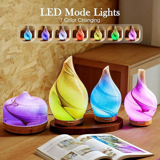Porseme 280ml Essential Oil Diffuser Glass Color Changing Aroma Air Diffusers Aromatherapy Ultrasonic Cool Mist Humidifier with Remote Control 7 Running Hours Waterless Auto-Off (Desert)