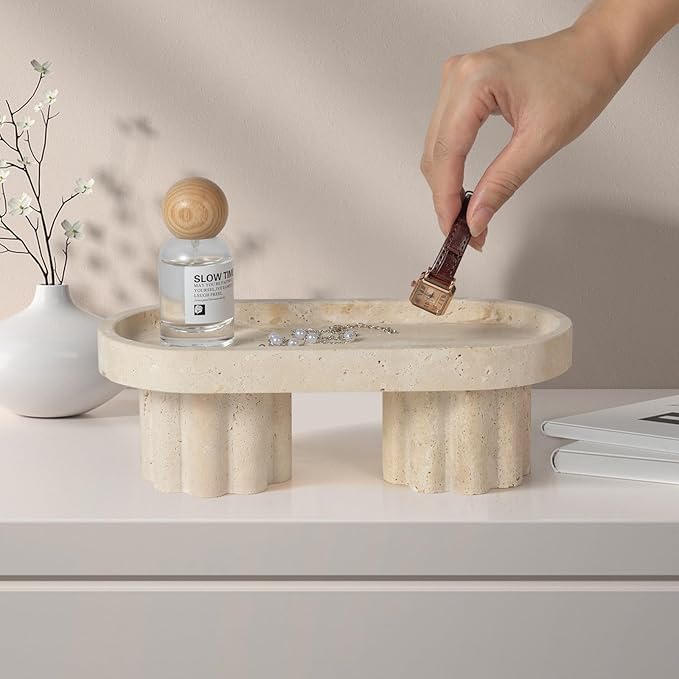 Natural Beige Travertine Oval Tray with Two Legs - 10 Inch Elegant Vanity Decor, Desk Organizer for Perfume, Jewelry & Candle Holder | Durable Stone Serving Tray