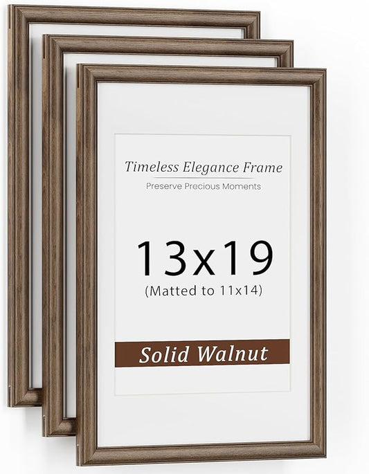 13x19 Picture Frame, USA-Sourced Walnut Wood with Tempered Glass, Display 11x14 with Mat or 13x19 Without Mat, 13 by 19 Photo Frame for Vertical & Horizontal Display, Handcrafted Wood Frame, 3 Pack