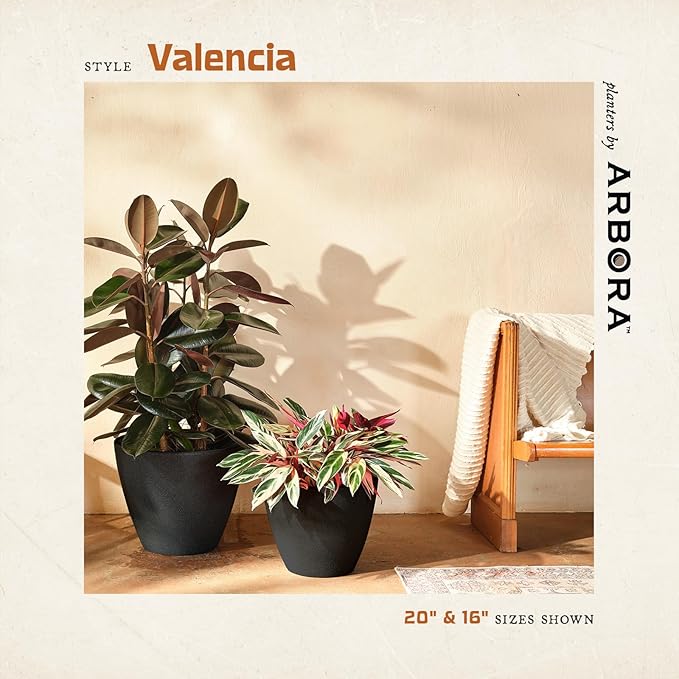 ARBORA 16" Valencia Polyresin Indoor and Outdoor Planter with Classic Black Finish - Durable, Weatherproof, Lightweight, Large Plant Pot for Patio, Garden, Deck, Entryway