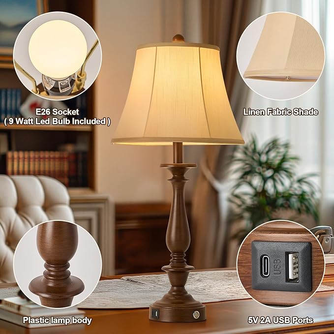 AIDENOEY 28.5" Traditional Table Lamp Set of 2, Rustic Farmhouse Table Lamps for Living Room Bedroom, Bedside Desk Lamps Vintage Nightstand Lamps with Silk Fabric Shades, Antique Walnut