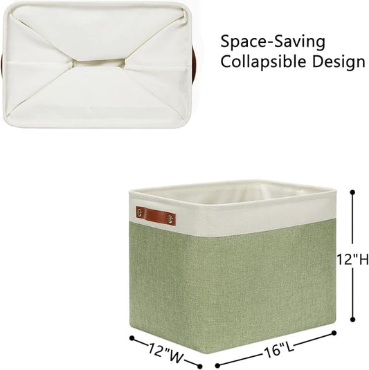 DULLEMELO 2-Pack Large Storage Baskets for Organizing 16"x12"x12" Canvas Fabric Storage Basket Bins With Leather Handles for Shelf Clothes Empty Gift Basket (White&Green)