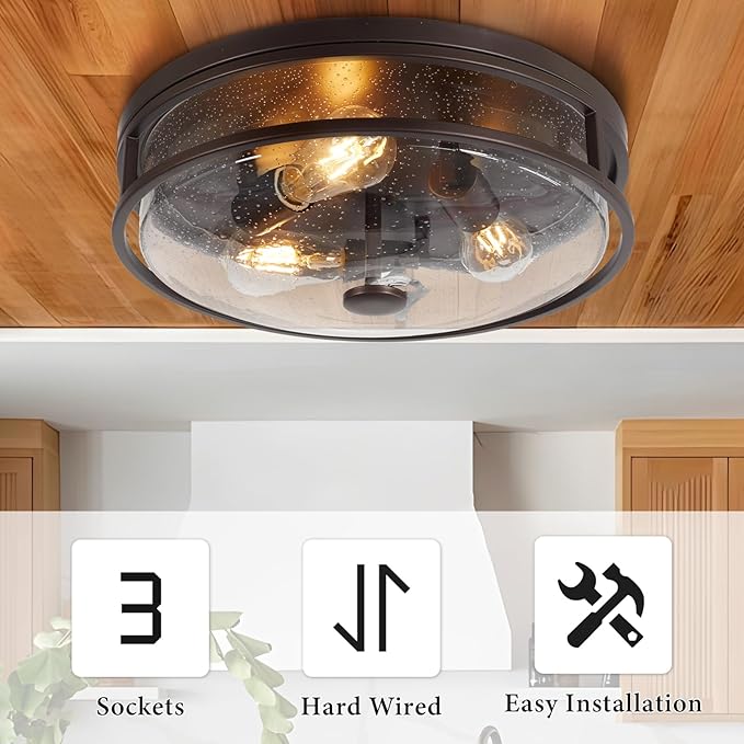 16 Inch Large Flush Mount Ceiling Light Fixture with Seeded Glass, Bronze Round Ceiling Lamp Shade, Modern Farmhouse Indoor Outdoor Ceiling Lighting for Kitchen Dining Living Room Foyer