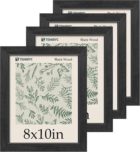 8x10 Picture Frame 4 Pack, Black Wooden Textured, HD Tempered Glass, Gallery Photo Frame, Table or Wall Display