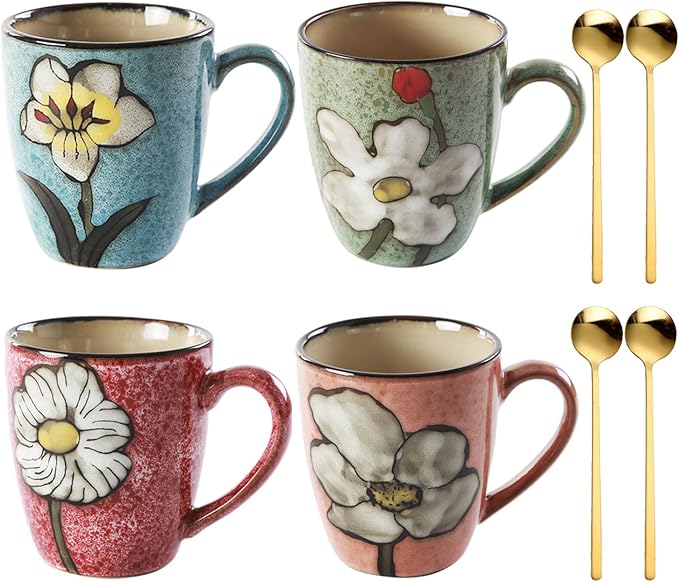 (Coffee mugs set of 4 + 4 Spoons) Hand-painted vintage style,Ceramics 12oz Cappuccino Mug,Tea mugs,Coffee cups,Microwave and Dishwasher Safe, Perfect For Espresso, Latte - Porcelain Mugs for cafe